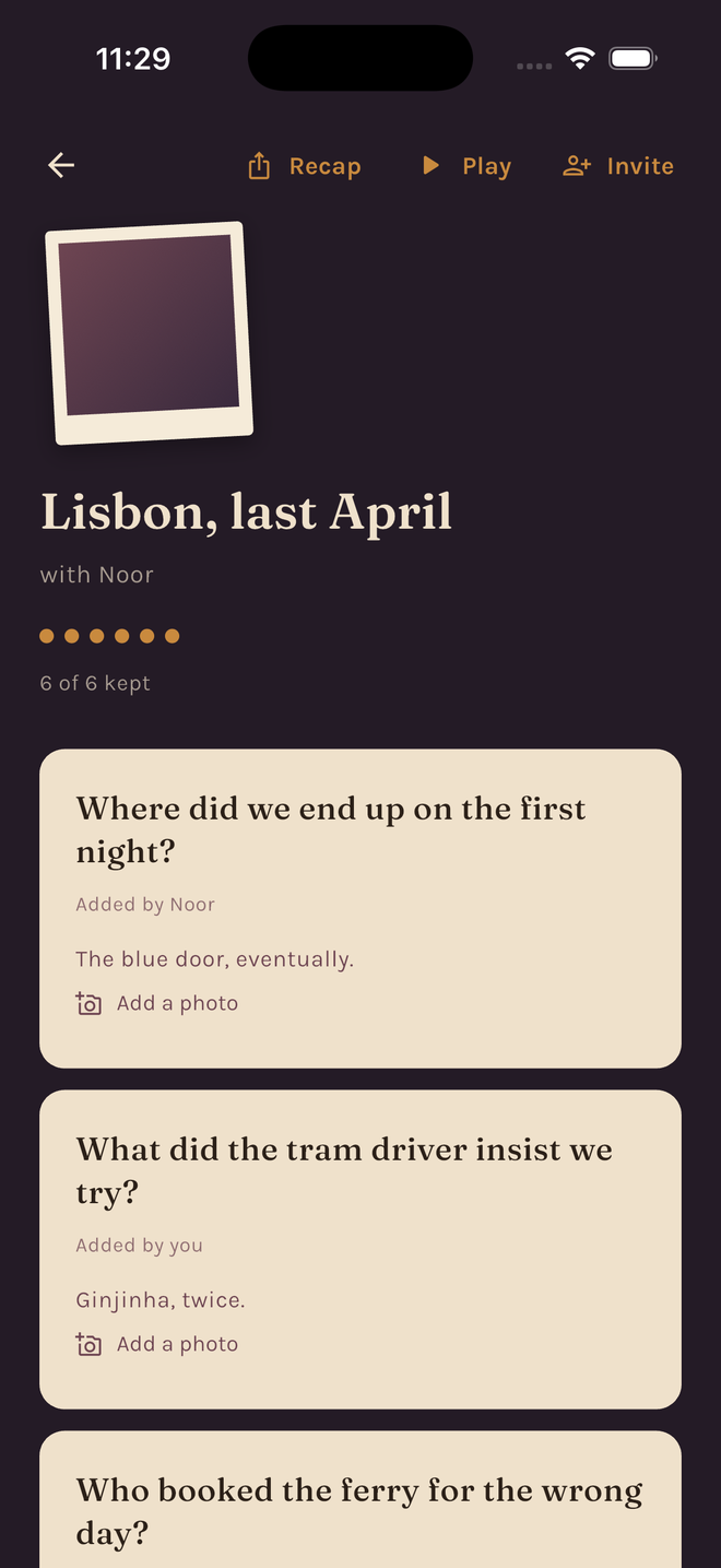 A set called Lisbon, last April, shared with Noor: six kept cards, each a question with the answer underneath — where did we end up on the first night, the blue door, eventually.